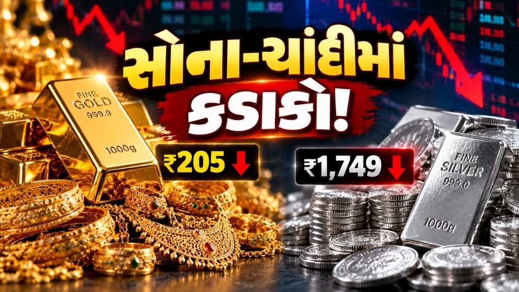 29 ઓક્ટોબર 2026ના રોજ MCX વાયદા બજારમાં સોનામાં 205 રૂપિયા અને ચાંદીમાં 1749 રૂપિયા સુધીનો ઘટાડો દર્શાવતું ગુજરાતી ન્યૂઝ ગ્રાફિક